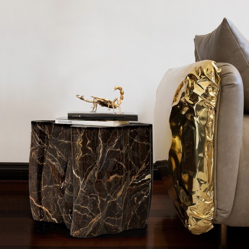 MONOCHROME BROWN FAUX-MARBLE SIDE TABLE